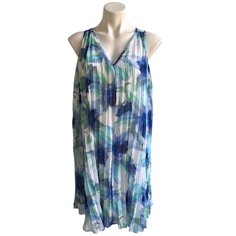 Vince Camuto NWT $148 Blue Floral Pleated V-Neck Shift Dress, Women's SIze 6